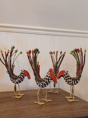 Mackenzie- Childs Courty Check Napkin Rings Colorful Beads Birds Whimiscal Decor
